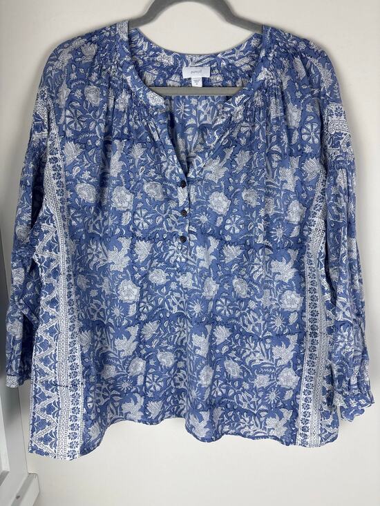 J jill Tops - Pure Jill J Jill Womens XL Blue White Floral Border Print Cotton Blouse Boho